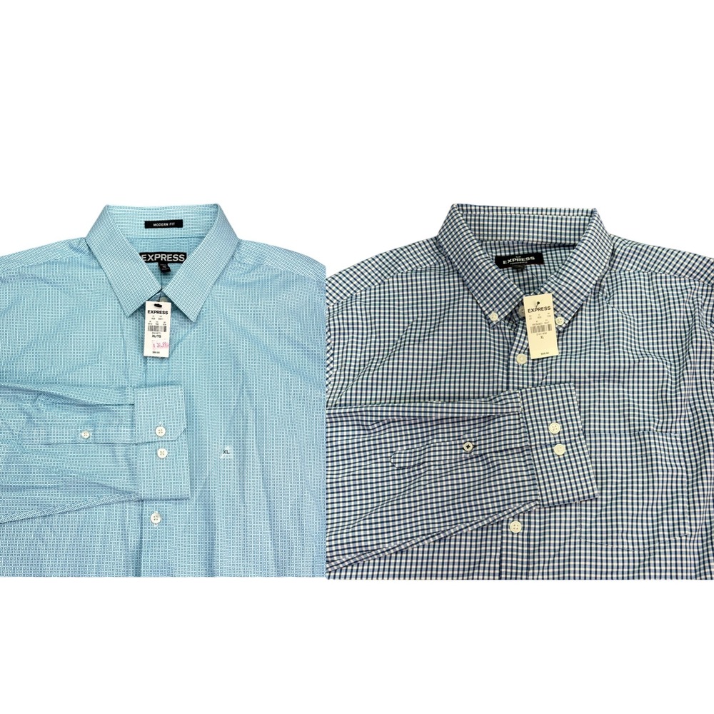 Express Button Down Shirt Men XL Blue Gingham & Aqua Geometric Lot of 2 NWT